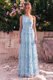 Vestido largo de línea azul claro de un solo hombro con flores 3D