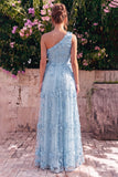Vestido largo de línea azul claro de un solo hombro con flores 3D