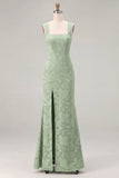 Vestido largo de dama de honor con cuello cuadrado de Salvia Sirena y abertura
