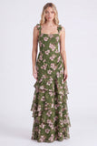 Vestido largo de dama de honor de flor verde en línea A, chiffon de chiffon con tirantes gruesos y tirantes largos