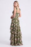Vestido largo de dama de honor de flor verde en línea A, chiffon de chiffon con tirantes gruesos y tirantes largos