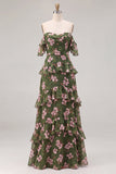 Vestido largo de dama de honor con flor verde en Aline, de chiffon con volantes y flor descubierto, hombro descubierto