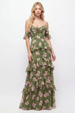 Vestido largo de dama de honor con flor verde en Aline, de chiffon con volantes y flor descubierto, hombro descubierto