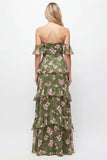 Vestido largo de dama de honor con flor verde en Aline, de chiffon con volantes y flor descubierto, hombro descubierto