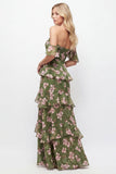Vestido largo de dama de honor con flor verde en Aline, de chiffon con volantes y flor descubierto, hombro descubierto