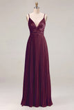 Vestido de dama de honor plisado Sage A-line con tirantes finos y fruncidos