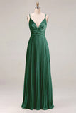 Vestido de dama de honor plisado Sage A-line con tirantes finos y fruncidos