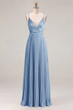 Vestido de dama de honor plisado Sage A-line con tirantes finos y fruncidos