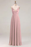 Vestido de dama de honor plisado Sage A-line con tirantes finos y fruncidos