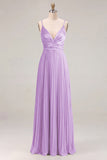 Vestido de dama de honor plisado Sage A-line con tirantes finos y fruncidos