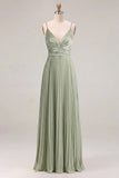 Vestido de dama de honor plisado Sage A-line con tirantes finos y fruncidos