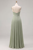 Vestido de dama de honor plisado Sage A-line con tirantes finos y fruncidos