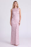 Vestido largo rosa con cuello batazo con estampado floral de sirena y flor 3D
