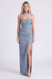 Vestido de dama de honor azul polvoriento Jacquard Maxi con bufanda de cuello largo