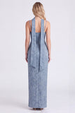 Vestido de dama de honor azul polvoriento Jacquard Maxi con bufanda de cuello largo