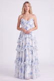 Vestido largo de dama de honor con tirantes finos en chiffon rosa A-line con volantes