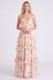 Vestido largo de dama de honor con tirantes finos en chiffon rosa A-line con volantes