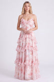 Vestido largo de dama de honor con tirantes finos en chiffon rosa A-line con volantes