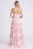 Vestido largo de dama de honor con tirantes finos en chiffon rosa A-line con volantes