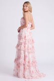 Vestido largo de dama de honor con tirantes finos en chiffon rosa A-line con volantes
