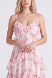 Vestido largo de dama de honor con tirantes finos en chiffon rosa A-line con volantes