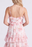 Vestido largo de dama de honor con tirantes finos en chiffon rosa A-line con volantes