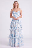 Vestido largo de dama de honor con tirantes finos en chiffon rosa A-line con volantes