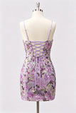 Vestido corto de bienvenida con bordado floral lila bodycon lentejuelas y cordón en la espalda