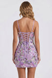 Vestido corto de bienvenida con bordado floral lila bodycon lentejuelas y cordón en la espalda