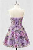 Vestido de bienvenida floral lila A-Line Sweetheart con lentejuelas y encaje en la espalda