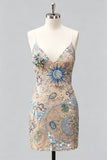 Blu marino bodycon tirantes finos, lentejuelas, vestido corto de bienvenida con encaje en la espalda