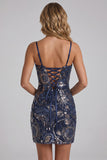 Blu marino bodycon tirantes finos, lentejuelas, vestido corto de bienvenida con encaje en la espalda
