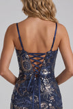 Blu marino bodycon tirantes finos, lentejuelas, vestido corto de bienvenida con encaje en la espalda