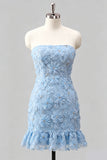 Vestido de bienvenida a casa, sin tirantes y volantes con volantes y cuentas florales azul claro, con encaje en la espalda
