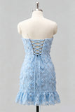 Vestido de bienvenida a casa, sin tirantes y volantes con volantes y cuentas florales azul claro, con encaje en la espalda