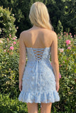 Vestido de bienvenida a casa, sin tirantes y volantes con volantes y cuentas florales azul claro, con encaje en la espalda