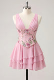 Vestido de bienvenida rosa rosa floral de escote en pico, con lentejuelas en niveles y encaje en la espalda