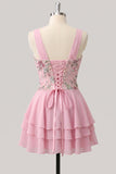 Vestido de bienvenida rosa rosa floral de escote en pico, con lentejuelas en niveles y encaje en la espalda