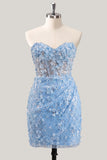 Bodycon Strapless Floral Corset transparente Corset de lentejuelas Vestido de Homecoming con encaje en la espalda