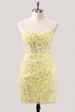 Bodycon Strapless Floral Corset transparente Corset de lentejuelas Vestido de Homecoming con encaje en la espalda