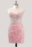 Bodycon Strapless Floral Corset transparente Corset de lentejuelas Vestido de Homecoming con encaje en la espalda