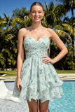 Sweetheart A-Line rosa floral fruncido, con volantes y vestido de bienvenida con lazo