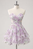 Sweetheart A-Line rosa floral fruncido, con volantes y vestido de bienvenida con lazo
