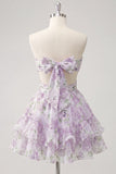 Sweetheart A-Line rosa floral fruncido, con volantes y vestido de bienvenida con lazo