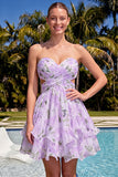 Sweetheart A-Line rosa floral fruncido, con volantes y vestido de bienvenida con lazo