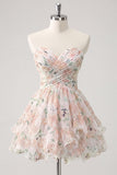 Sweetheart A-Line rosa floral fruncido, con volantes y vestido de bienvenida con lazo