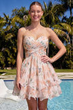 Sweetheart A-Line rosa floral fruncido, con volantes y vestido de bienvenida con lazo