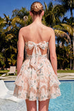 Sweetheart A-Line rosa floral fruncido, con volantes y vestido de bienvenida con lazo