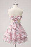 Sweetheart A-Line rosa floral fruncido, con volantes y vestido de bienvenida con lazo