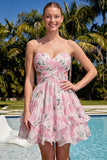 Sweetheart A-Line rosa floral fruncido, con volantes y vestido de bienvenida con lazo